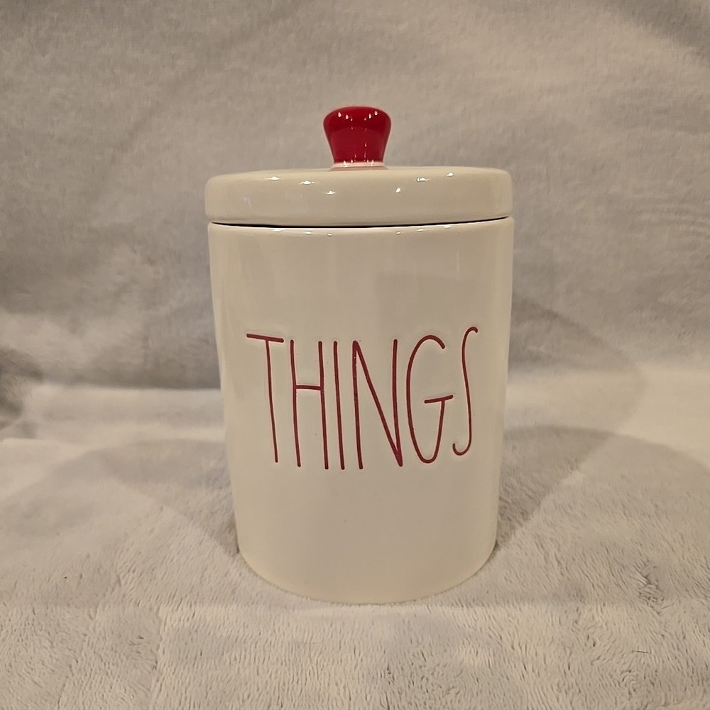Rae Dunn Artisan Collection THINGS Ceramic Canister Ivory Red Interior with Lid